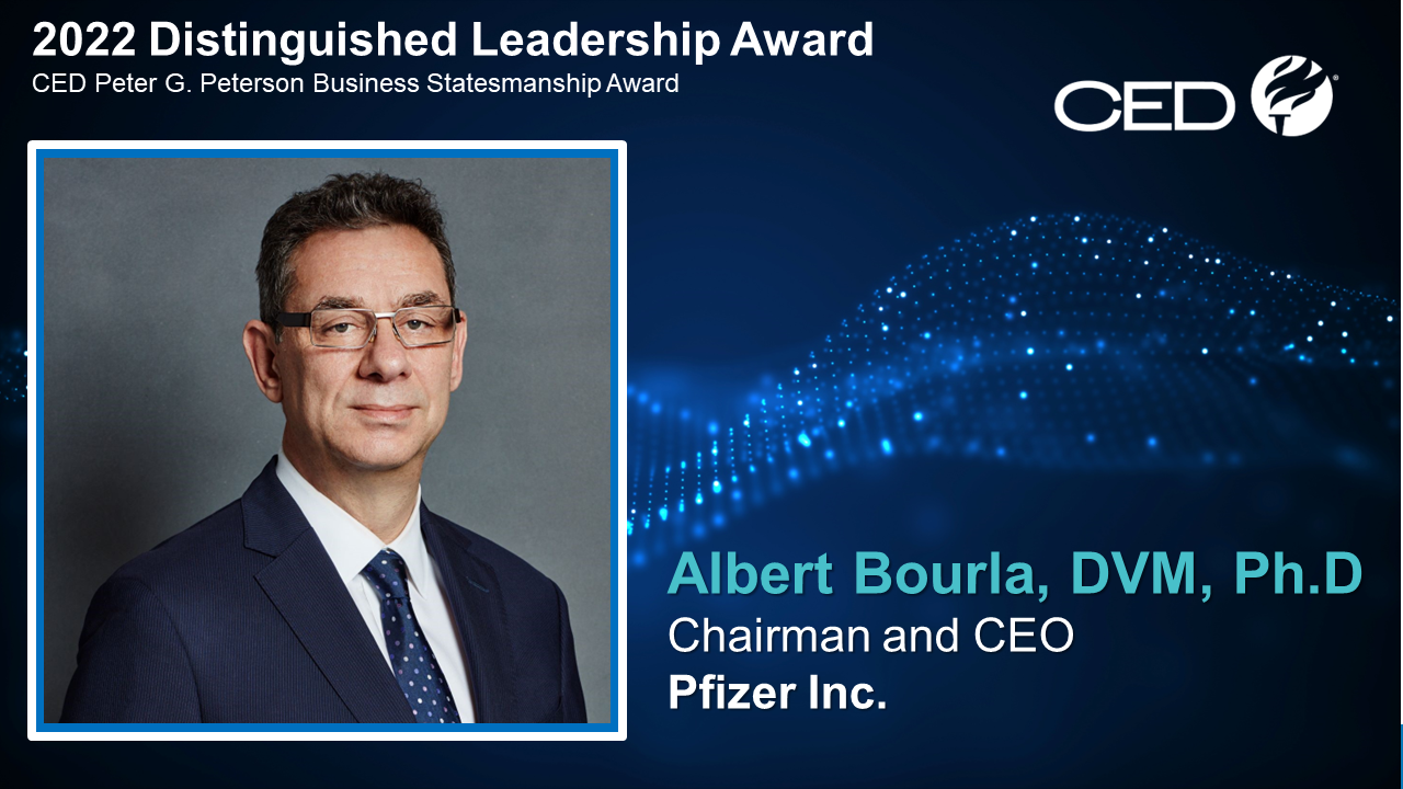 Albert Bourla, the Chairman and CEO of Pfizer Inc., accepts the CED Distinguished Leadership Award